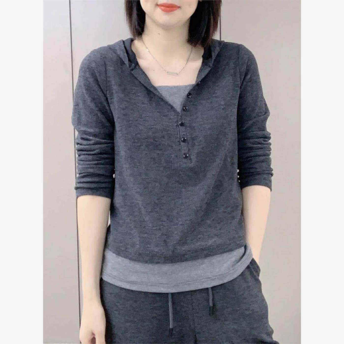 深灰色V领假两件连帽套头卫衣女春秋季韩版拼接短款显瘦长袖上衣