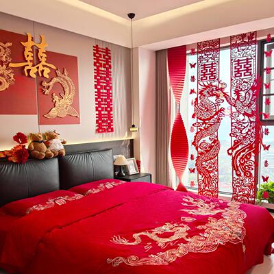 婚房布置套装立体龙凤KT喜字贴结婚装饰男女方卧室床头背景囍挂饰