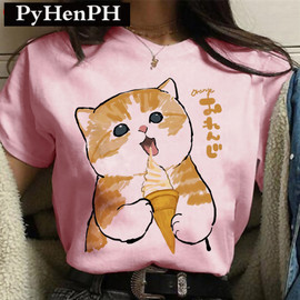 Cute Cat T shirt 2021夏款时尚粉色短袖可爱猫咪大码女士T恤上衣