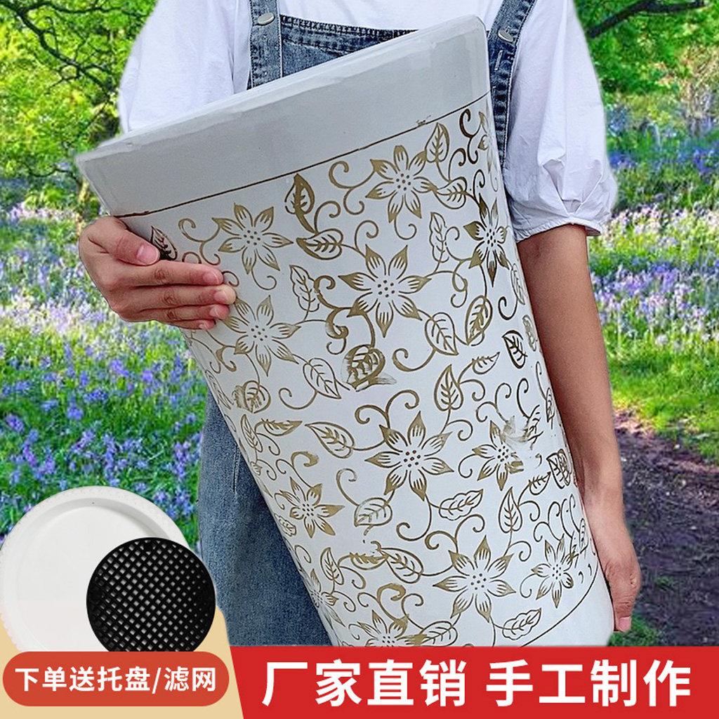 白色花开富贵特大号花盆陶瓷高颜值高筒陶瓷大花盆上档次客厅微瑕