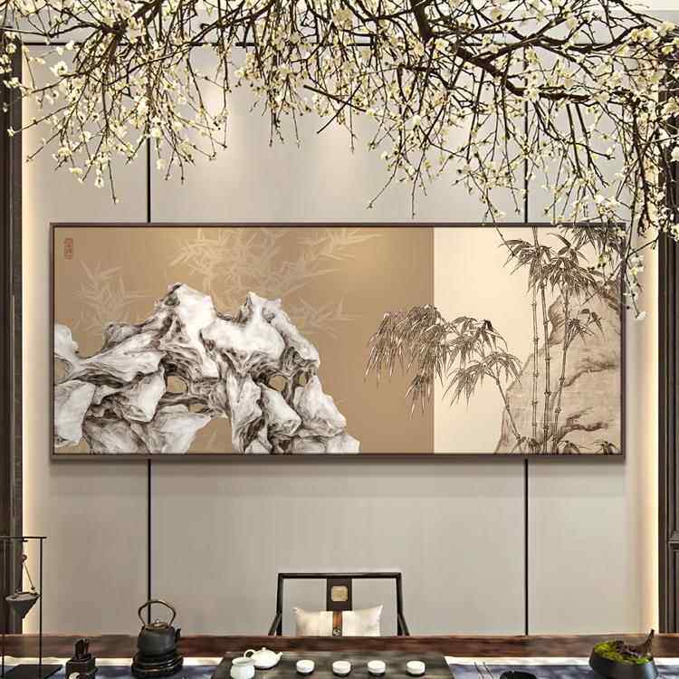 石新中式客厅沙发背景装饰画清别墅样板无品牌/房竹双大幅图尺寸