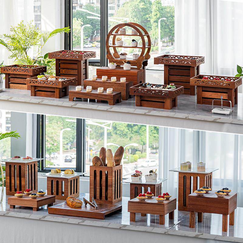 中式甜品台摆件展示架自助餐面包框蛋糕点心托盘冷餐茶歇摆台木质