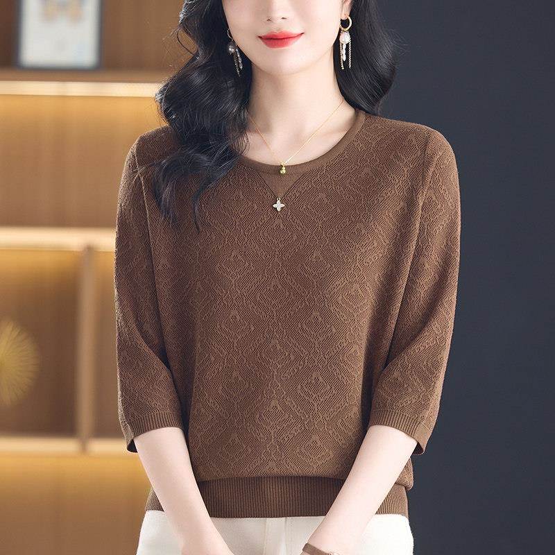 中年妈妈春夏桑蚕丝t恤女宽松大尺码七分袖上衣冰丝针织打底小衫