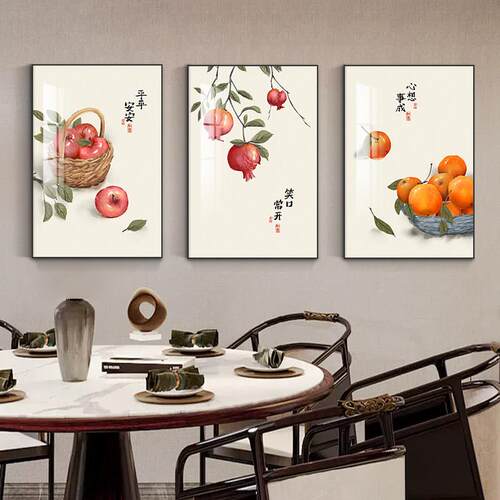 好运餐厅装饰画沙发背景墙挂画新中式壁画现代壁画三联画