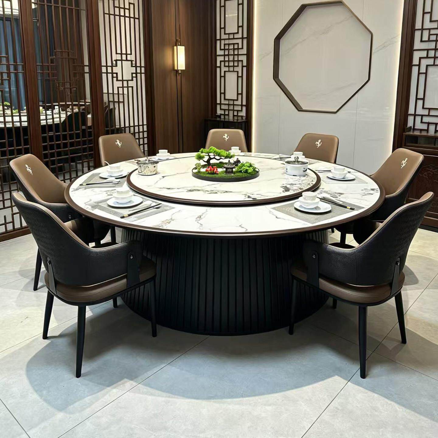 酒店餐桌大圆桌带电动转盘2米3米宴会桌20人饭店岩板电磁炉大圆桌