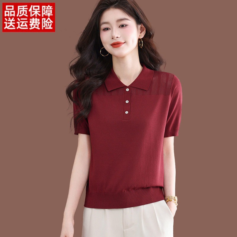 翻领短袖t恤女夏季新款高级感气质镂空上衣薄款宽松冰丝针织小衫