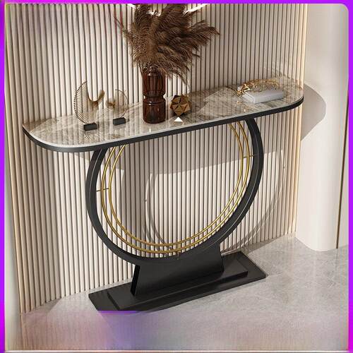 轻奢岩板玄关柜入户靠墙超窄长条案简约现代装饰玄关桌半圆端景台