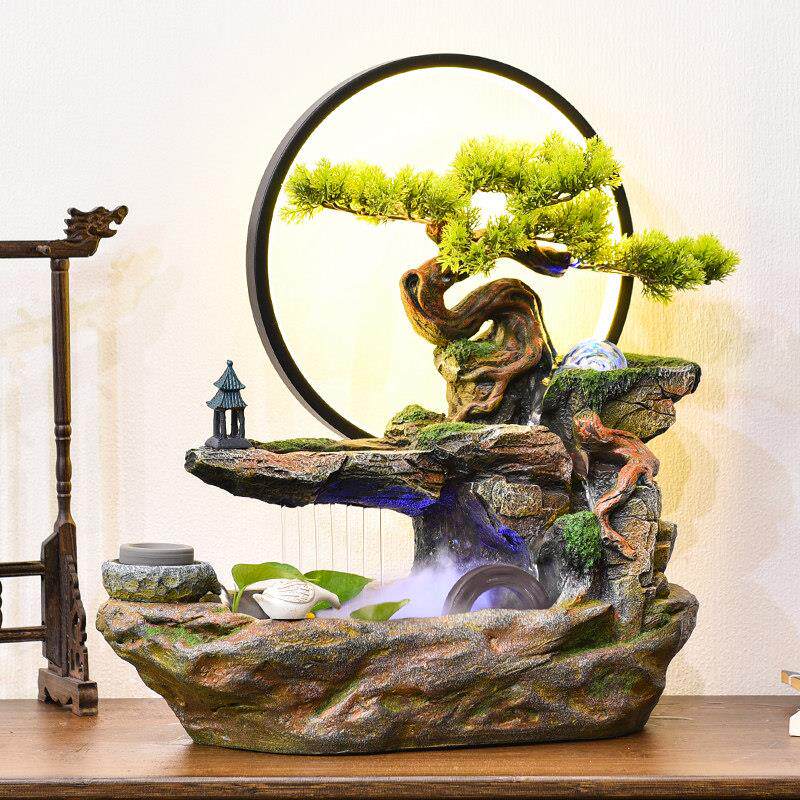 新中式摆件办公室高档开业礼物风车水轮假山流水生财水车景观转球