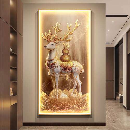 新中式入户玄关装饰画金鹿送福正对门挂画好寓意走廊过道尽头壁画
