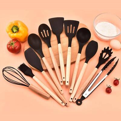 Wooden handle silicone kitchen 12-piece cooking spatula set