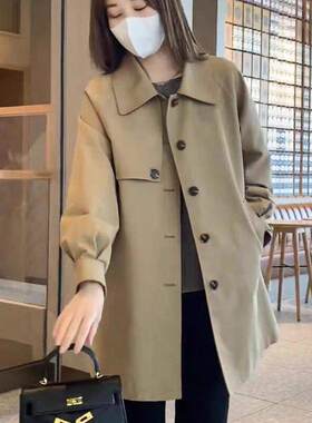 中长款纯棉风衣女2026春秋季新款韩版宽松百搭卡其色休闲大衣外套