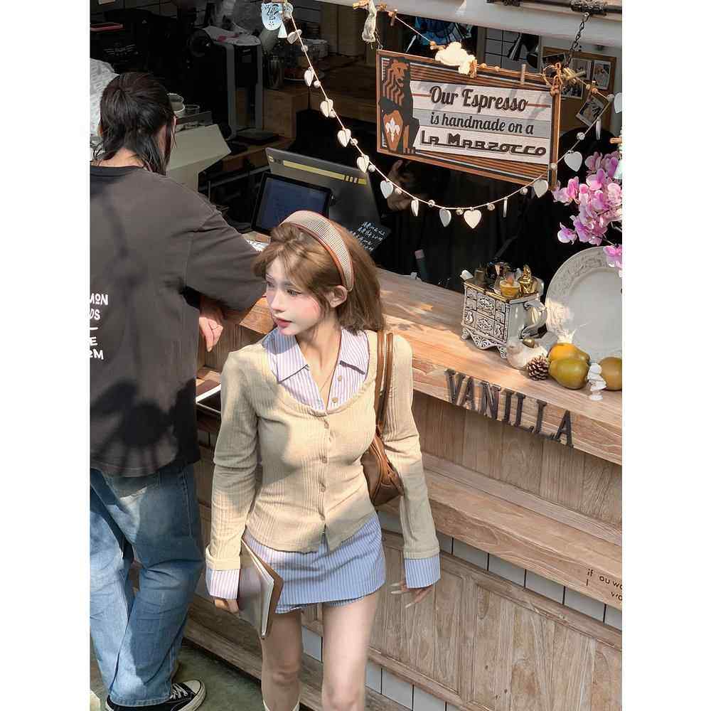 七颗虾滑假两件衬衫女2025新款上衣秋装搭配一整套韩系穿搭套装裙