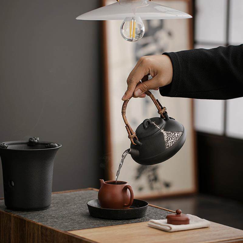 古复黑陶提梁煮ZNA炉茶壶创意酒精炉碳电陶炉通用壶粗陶泡茶壶围