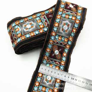 厂家直供 辅料绣花条码 欧美外贸复古民族风彩色镜片刺绣花边 时装