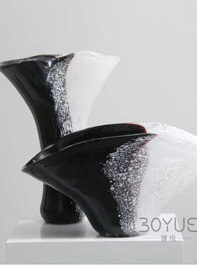 创意轻奢黑白拼接气泡水墨琉璃花瓶器样板房民宿客厅餐桌花艺摆件