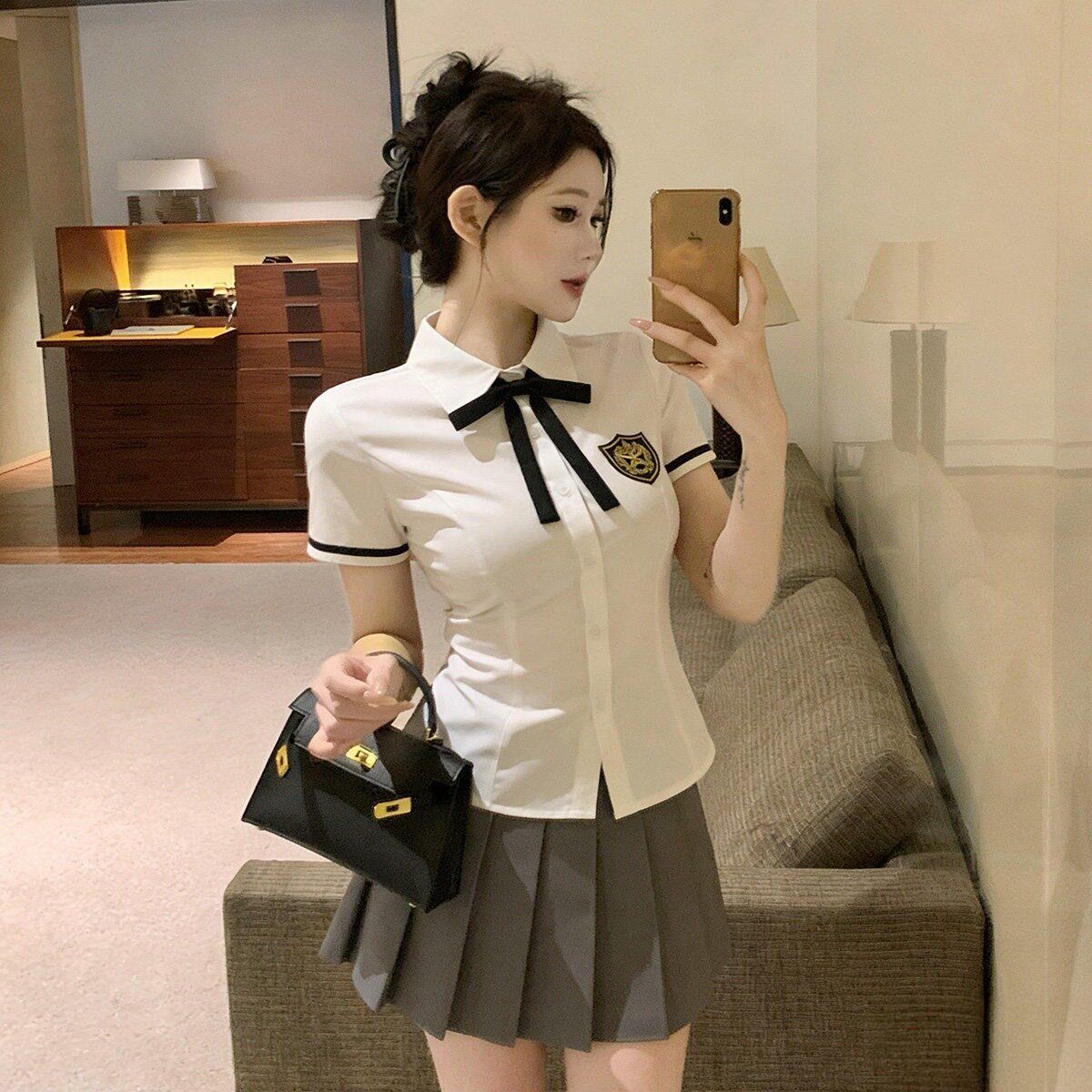 桌球俱乐部足道技师工作制服学院风女收腰短袖白衬衫百褶裙套装
