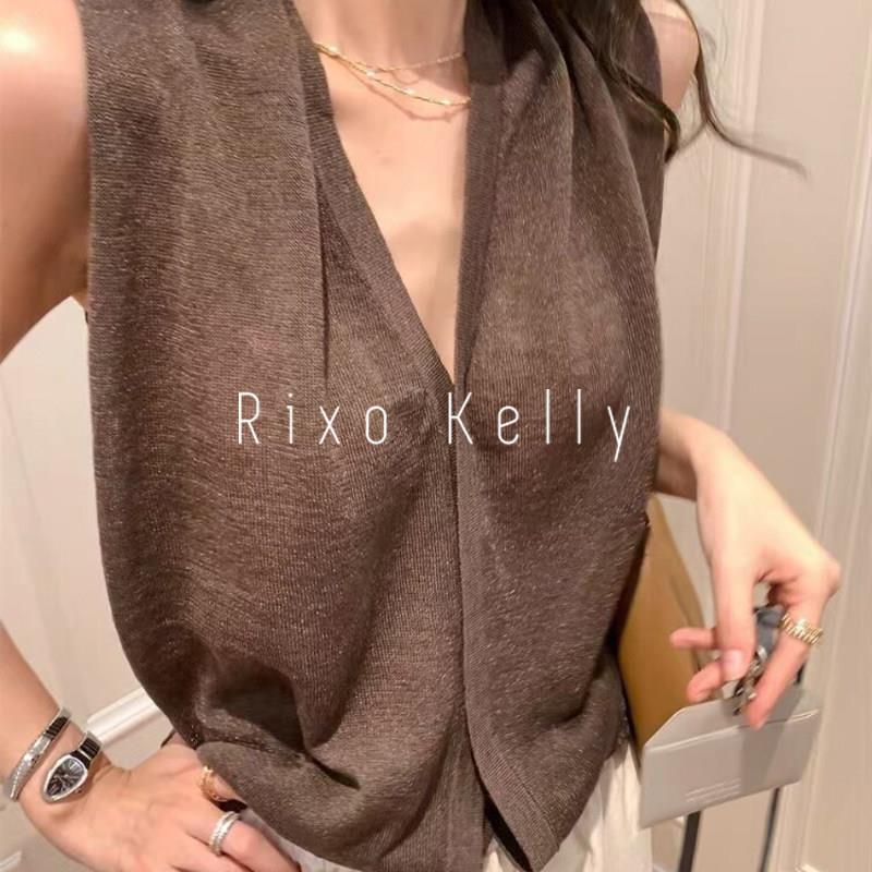Rixo Kelly复古棕色V领亚麻针织背心女夏季薄款外穿无袖气质上衣