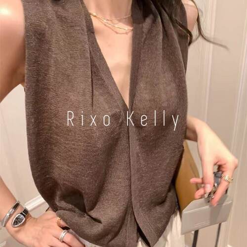 Rixo Kelly复古棕色V领亚麻针织背心女夏季薄款外穿无袖气质上衣