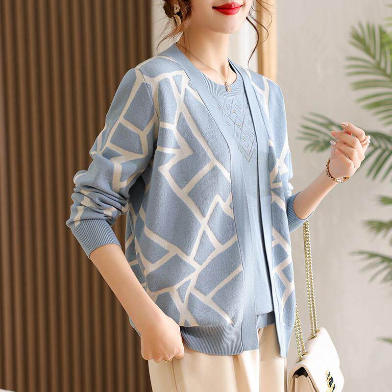妈妈春装套装洋派上衣服中年妇女两件套2025新款中老年针织衫外套