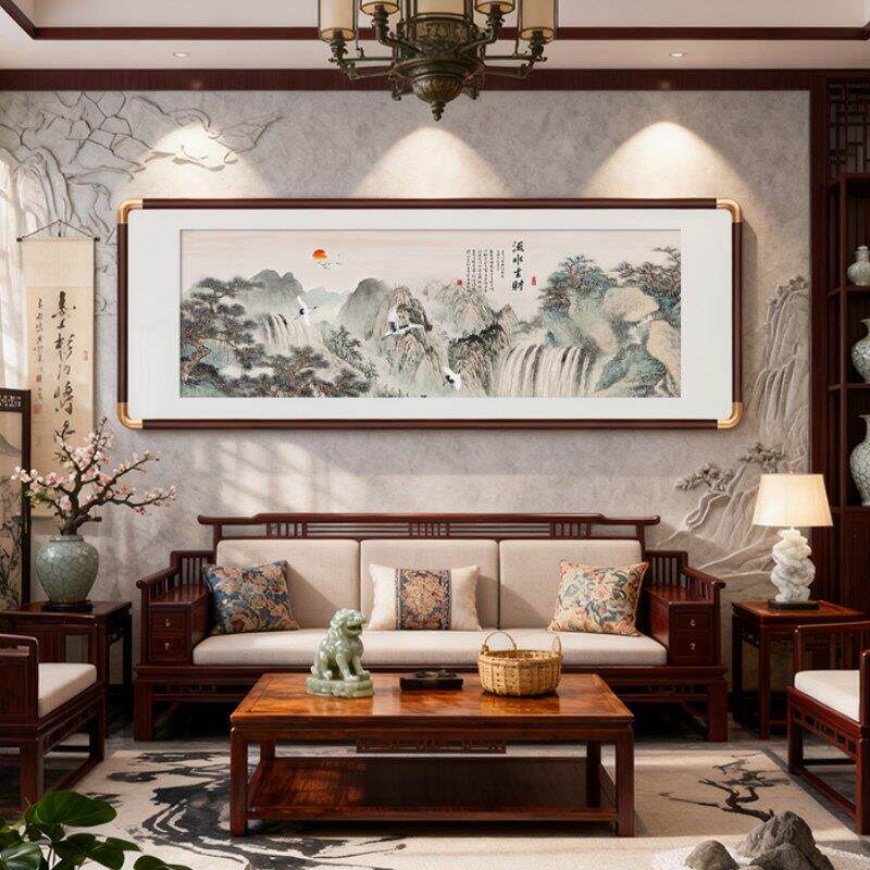 新中式客厅装饰画沙发背景墙挂画茶室办公室张大千山水风景画国画