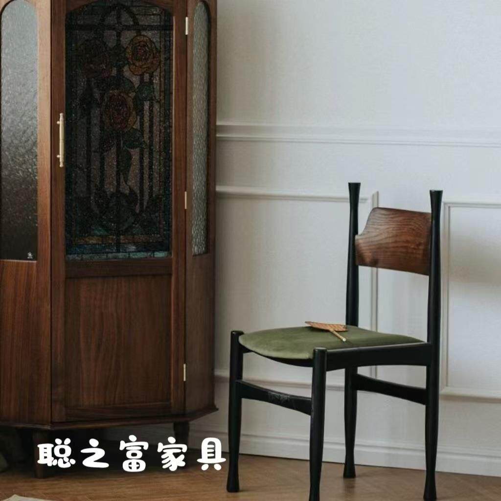 法式中复古风餐椅绿色椅子实木高级感梳化妆靠背冲冠椅客厅餐桌椅