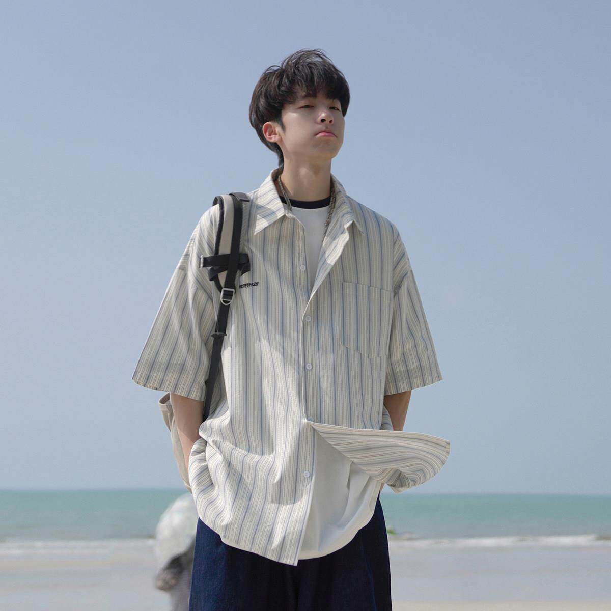 GOGOSOON男装衬衫2025夏季新款竖条纹短袖男生夏日日系穿搭衬衫服