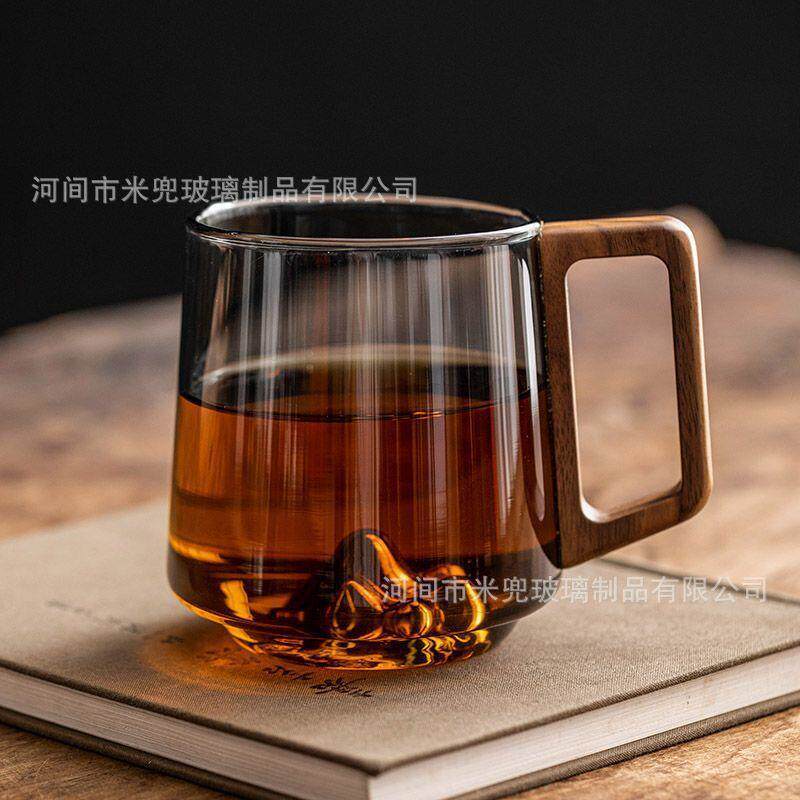 办公室家用木把观山绿茶杯高硼硅玻璃杯花茶绿茶泡茶杯现货