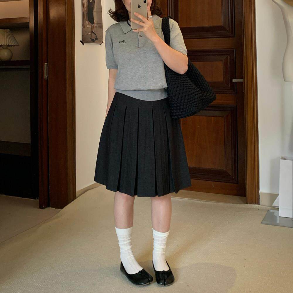Omang桃喜 韩系学院风百褶裙西装中裙女春夏高级感百搭五分半身裙