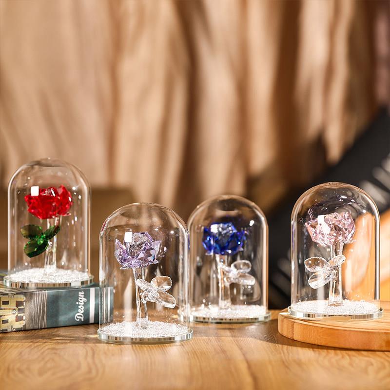 水晶玫瑰永生花创意生日礼物送女生少女心小摆件玻璃罩桌面装饰品