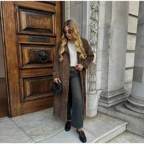 Women's khaki double lapel synthetic leather coat