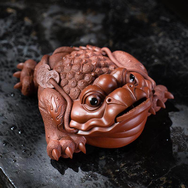 宜兴紫砂茶宠金蟾摆件手工精品招财三足蟾蜍茶具配件雕塑可养