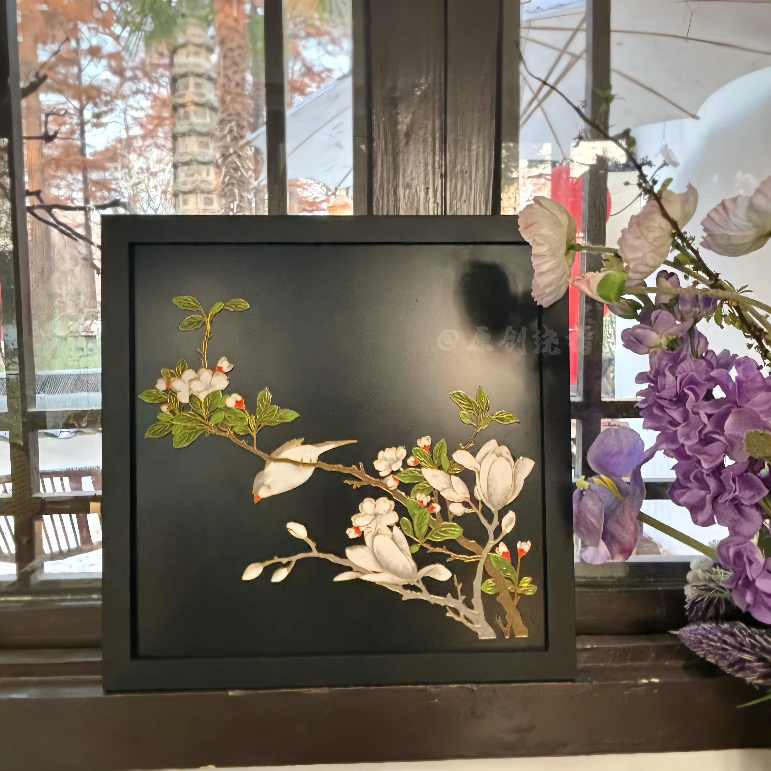 玉兰枝头 非遗掐丝珐瑯diy手工材料包新中式客厅玄关装饰画 画礼