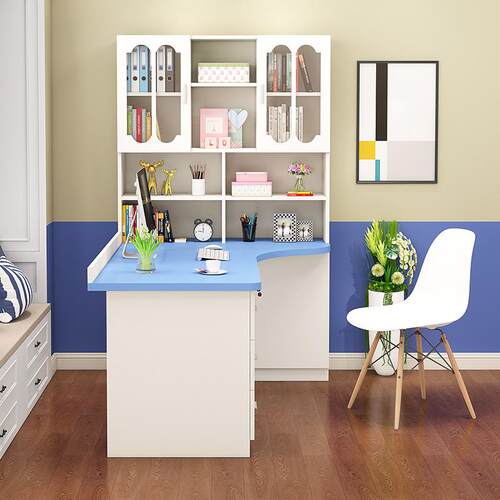 0J色转角书桌脑书架一体电台式0111家用简约经济蓝儿童书桌带书柜