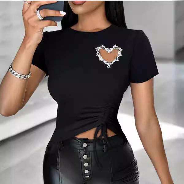 Drawstring Womens Rhinestone Top Round Shaped Heart Neck