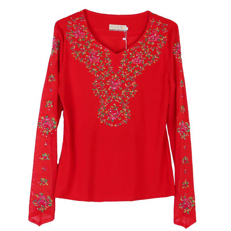 正品新疆蹈民广场舞服装舞上衣长袖女牛奶丝族维舞族台演出服表演