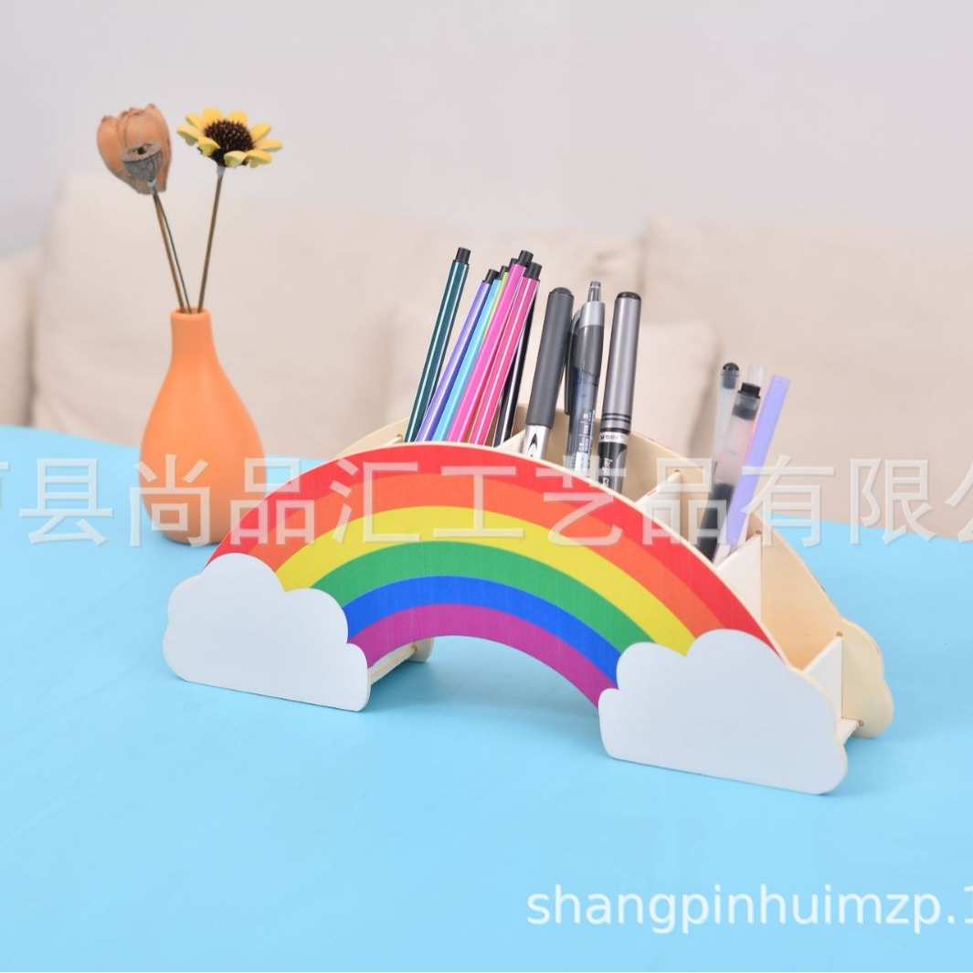 创意杨木多格彩虹笔筒家用木质桌面学习用品收纳筒彩虹桥实木笔筒