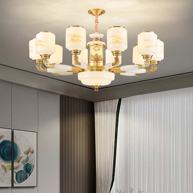 全铜玉石新中式吊灯客厅灯餐厅高端复式楼别墅家用大厅灯2024新款