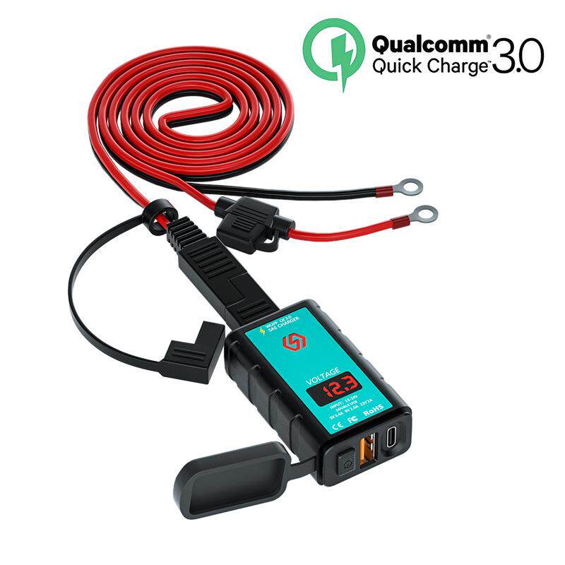 摩托车SAE插头1.4mOT端转USB+Type-C手机充电器12V方形充电器防水