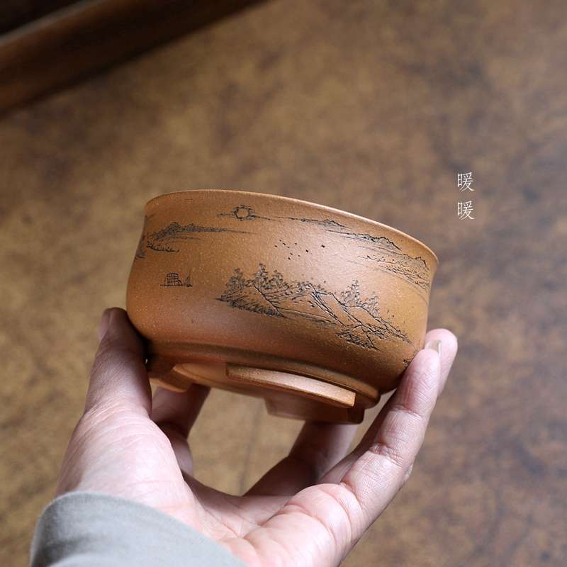『底座小圆口』精品菖蒲盆 原矿紫砂微型盆 沈小君 全手工刻绘