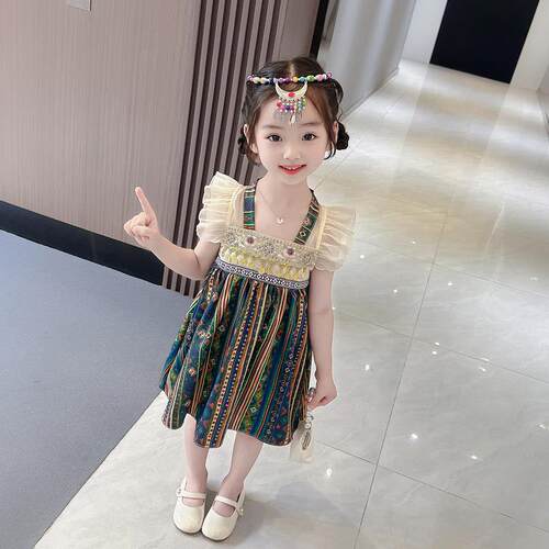 女小童夏季云南傣族服装洋装2024新款女孩民族风短袖古装公主裙