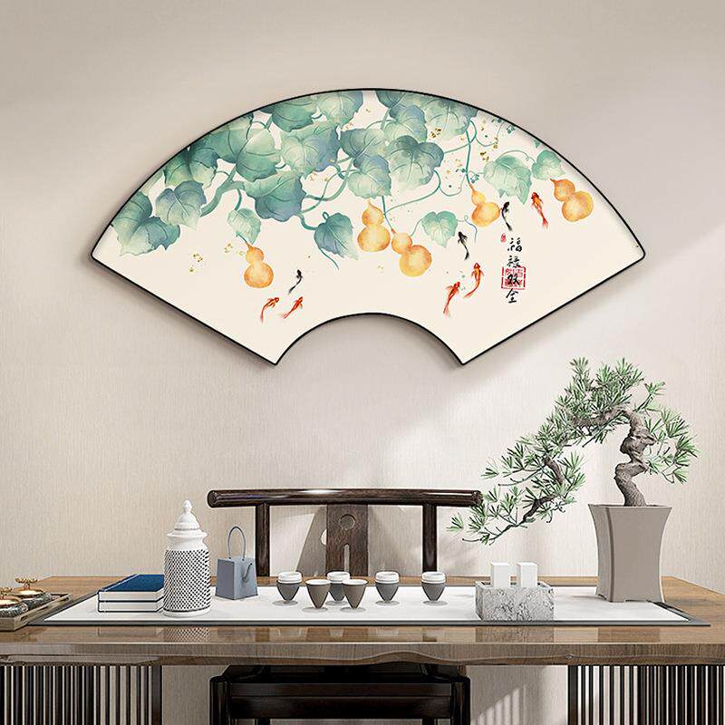 新中式客厅玄关装饰画扇形国风挂画茶室竹报平安墙画禅意扇面壁画