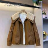 女装 翻领高级感加棉pu皮外套大码 胖mm遮肉保暖上衣潮 新款 香港冬季