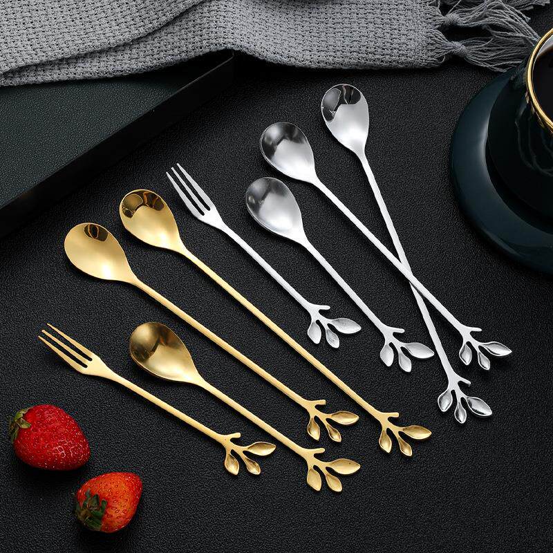 不锈钢树叶勺创意树叶咖啡勺长柄蜂蜜搅拌勺燕窝勺甜品水果叉