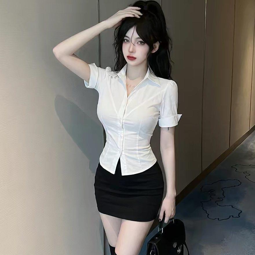 白色收腰短袖衬衫女包臀裙职业套装足浴台球电竞网咖工作服OL制服