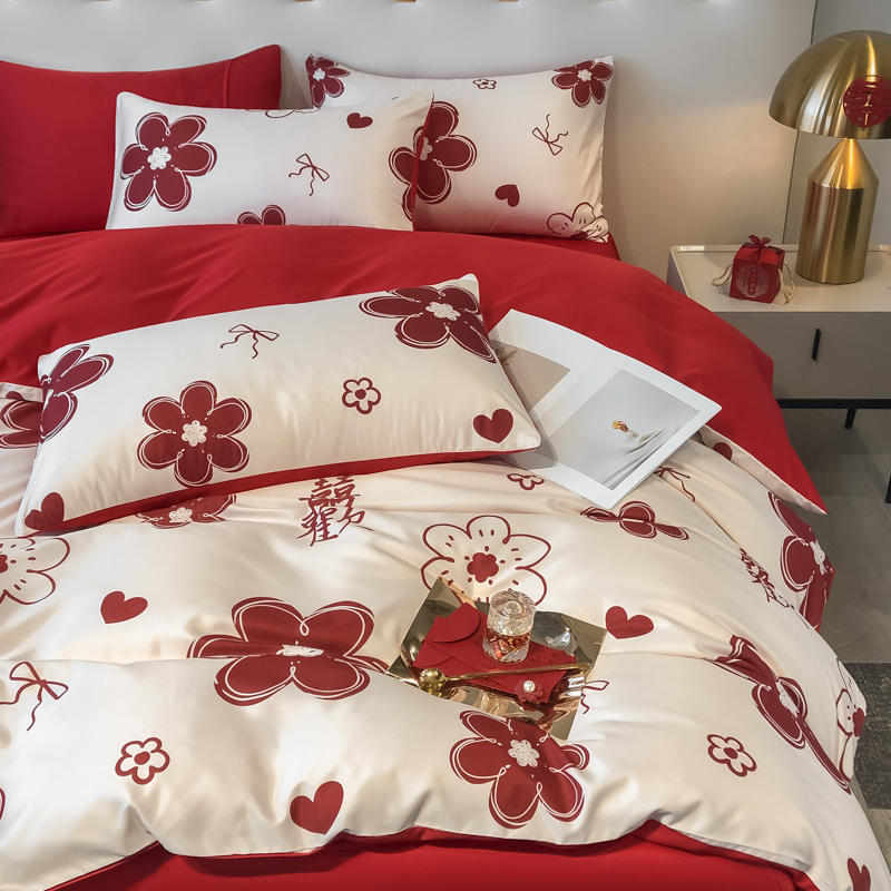 公主风水洗棉床上用品四件套新婚少女心花边大红色磨毛四件套床单