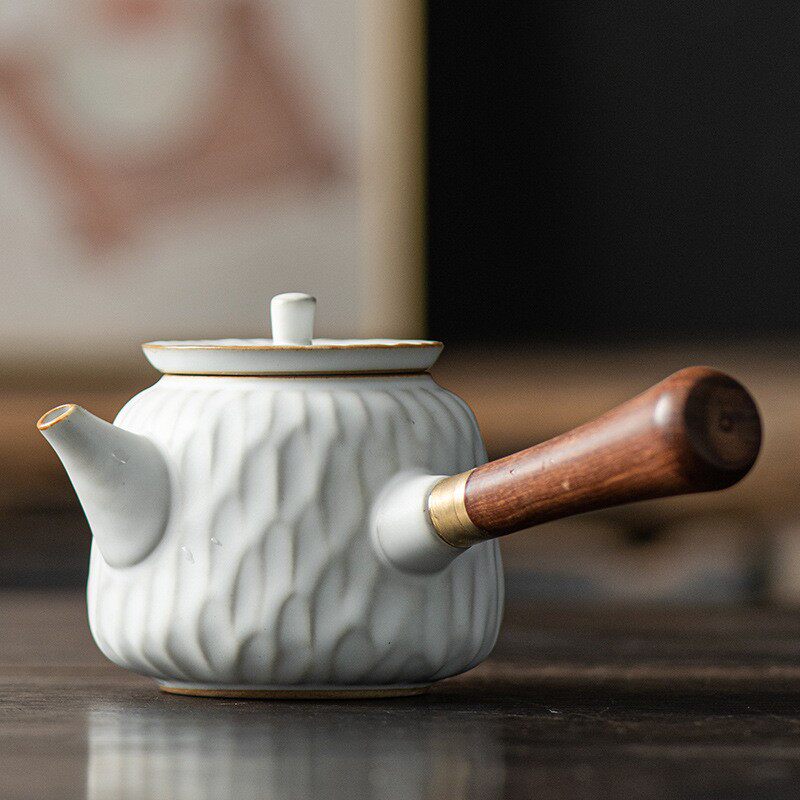 日式侧把壶防烫木柄功夫泡茶壶复古大号陶瓷锤纹单壶家用茶具