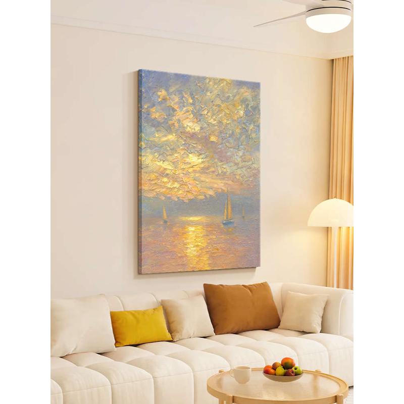 一帆风顺客厅装饰画奶油风肌理画海景沙发背景墙挂画入户玄关壁画