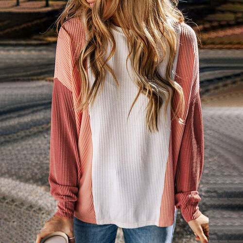 Size】 Colorblock Round Neck Tee Casual Long Sleeve Crew