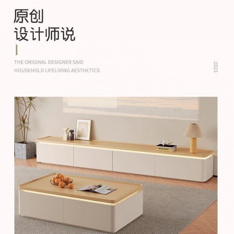 伊阳奶油风客厅家用落地电视柜茶几组合实木茶几桌台小户型原木风图片