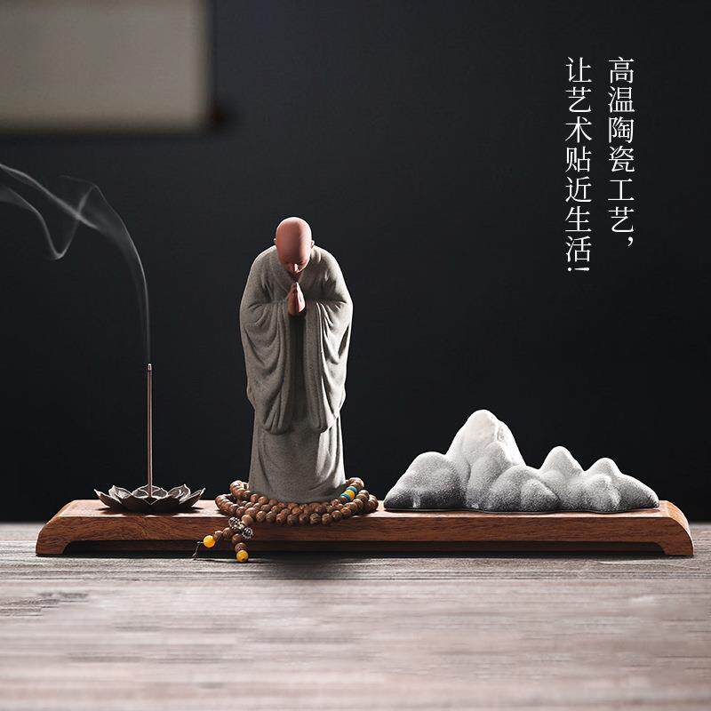 紫砂禅意小和尚佛系摆件陶瓷人物家居摆件桌面装饰可雕刻logo
